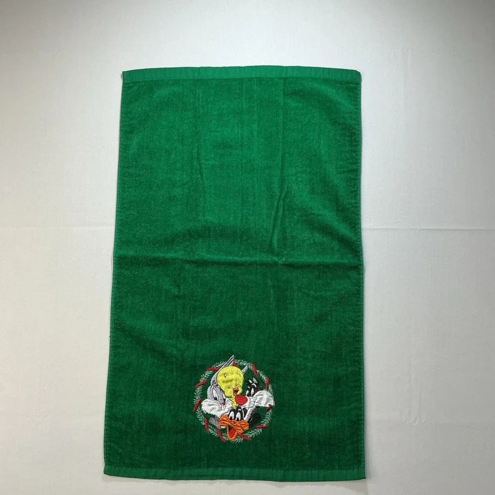 VTG 90s Looney Tunes Christmas Hand Towel Green Bugs Daffy Tweety Sylvester‎ EUC